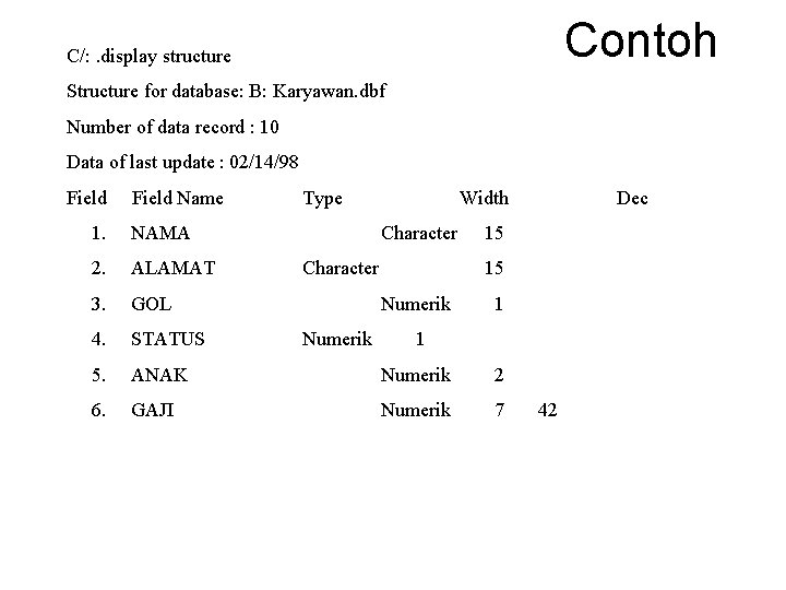 Contoh C/: . display structure Structure for database: B: Karyawan. dbf Number of data