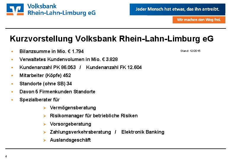 Kurzvorstellung Volksbank Rhein-Lahn-Limburg e. G 4 Bilanzsumme in Mio. € 1. 794 Verwaltetes Kundenvolumen