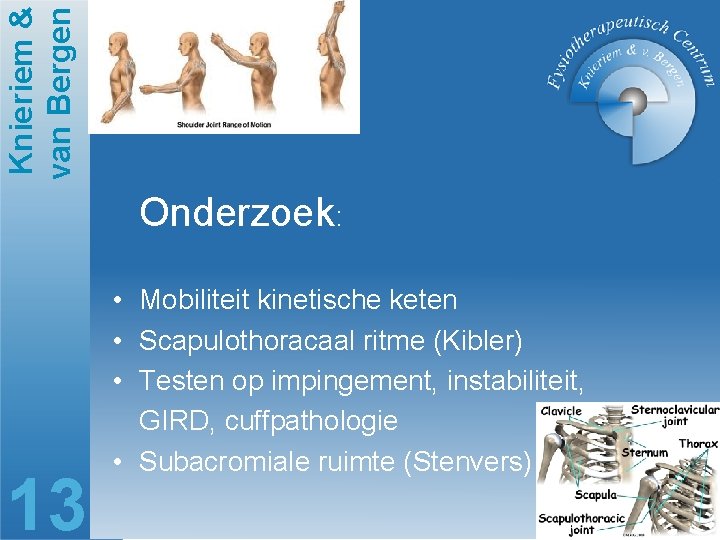 Knieriem & van Bergen Onderzoek: 13 • Mobiliteit kinetische keten • Scapulothoracaal ritme (Kibler)