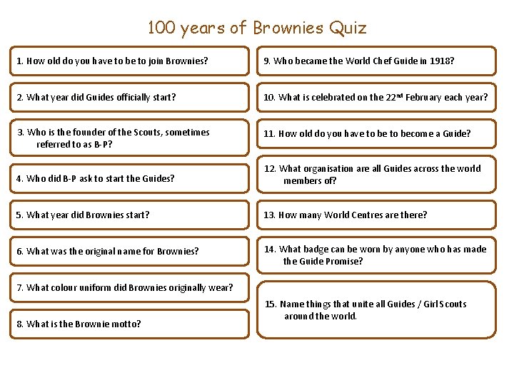 100 years of Brownies Quiz 1. How old do you have to be to