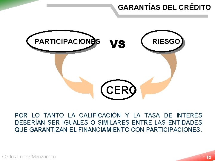 GARANTÍAS DEL CRÉDITO PARTICIPACIONES VS RIESGO CERO POR LO TANTO LA CALIFICACIÓN Y LA