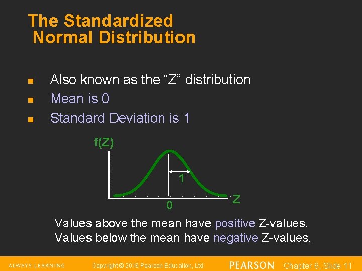 The Standardized Normal Distribution n Also known as the “Z” distribution Mean is 0