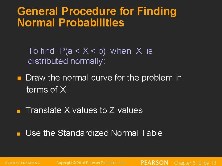 General Procedure for Finding Normal Probabilities To find P(a < X < b) when