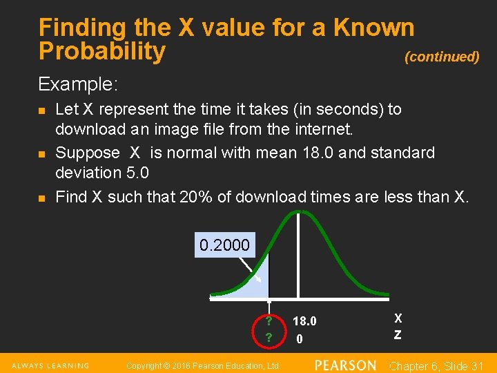Finding the X value for a Known Probability (continued) Example: n n n Let