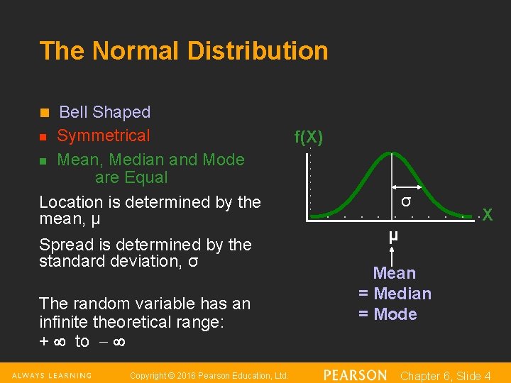 The Normal Distribution Bell Shaped n Symmetrical n Mean, Median and Mode are Equal