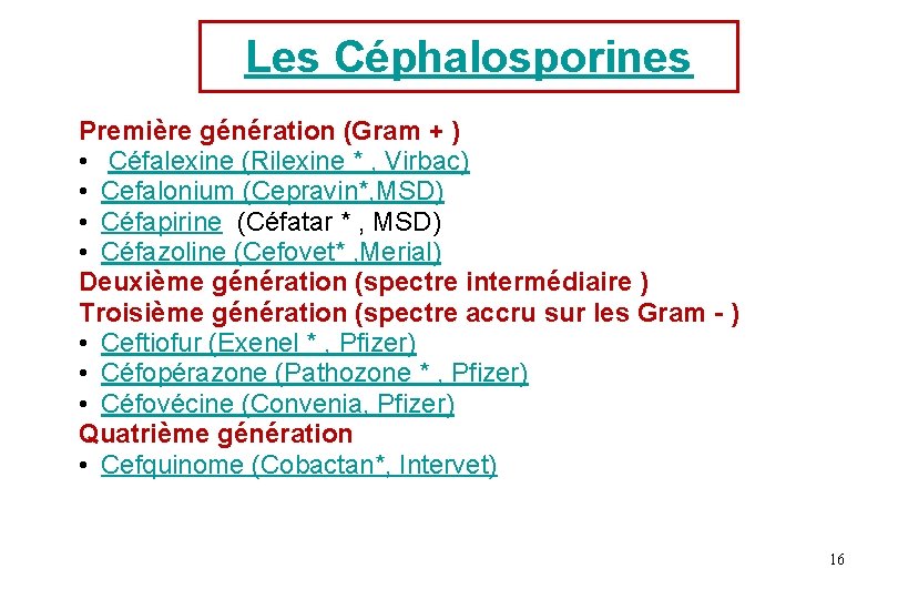 Les Céphalosporines Première génération (Gram + ) • Céfalexine (Rilexine * , Virbac) • Les Céphalosporines Première génération (Gram + ) • Céfalexine (Rilexine * , Virbac) •