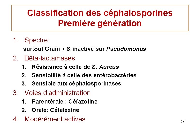 Classification des céphalosporines Première génération 1. Spectre: surtout Gram + & inactive sur Pseudomonas Classification des céphalosporines Première génération 1. Spectre: surtout Gram + & inactive sur Pseudomonas
