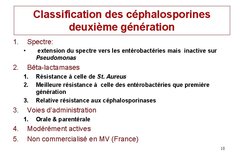 Classification des céphalosporines deuxième génération 1. Spectre: • 2. extension du spectre vers les Classification des céphalosporines deuxième génération 1. Spectre: • 2. extension du spectre vers les