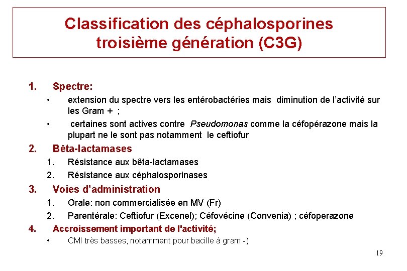 Classification des céphalosporines troisième génération (C 3 G) 1. Spectre: • extension du spectre Classification des céphalosporines troisième génération (C 3 G) 1. Spectre: • extension du spectre