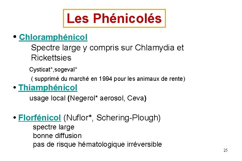 Les Phénicolés • Chloramphénicol Spectre large y compris sur Chlamydia et Rickettsies Cysticat*, sogeval* Les Phénicolés • Chloramphénicol Spectre large y compris sur Chlamydia et Rickettsies Cysticat*, sogeval*