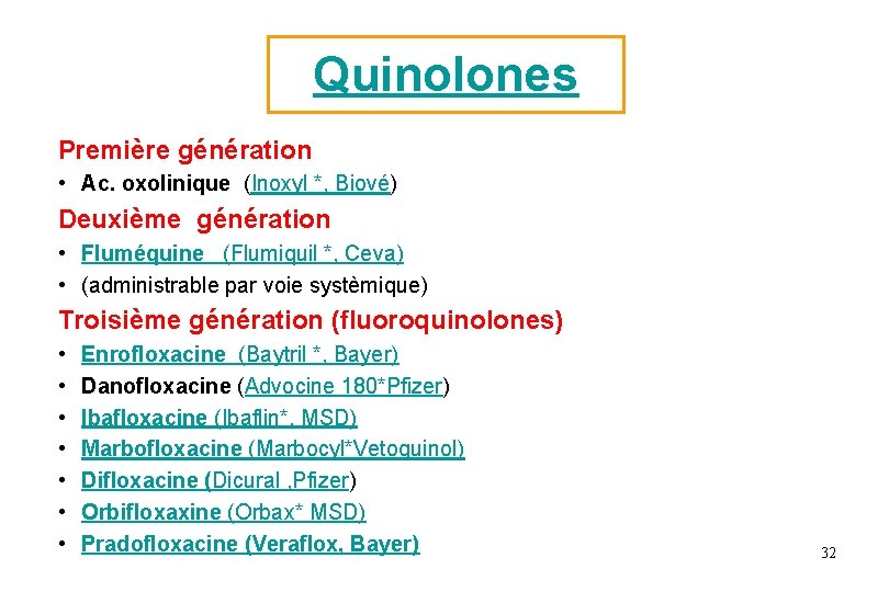 Quinolones Première génération • Ac. oxolinique (Inoxyl *, Biové) Deuxième génération • Fluméquine (Flumiquil Quinolones Première génération • Ac. oxolinique (Inoxyl *, Biové) Deuxième génération • Fluméquine (Flumiquil