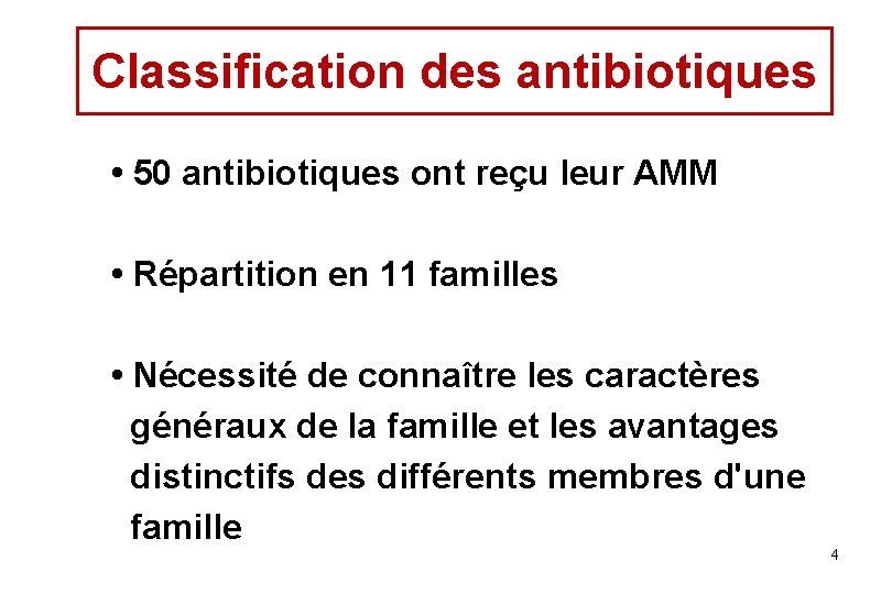Classification des antibiotiques • 50 antibiotiques ont reçu leur AMM • Répartition en 11 Classification des antibiotiques • 50 antibiotiques ont reçu leur AMM • Répartition en 11