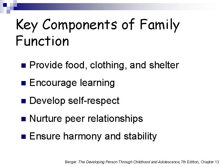 Key Components of Family Function n Provide food, clothing, and shelter n Encourage learning