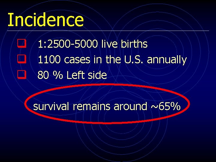 Incidence q 1: 2500 -5000 live births q 1100 cases in the U. S.