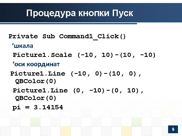 Процедура кнопки Пуск Private Sub Command 1_Click() ‘шкала Picture 1. Scale (-10, 10)-(10, -10)