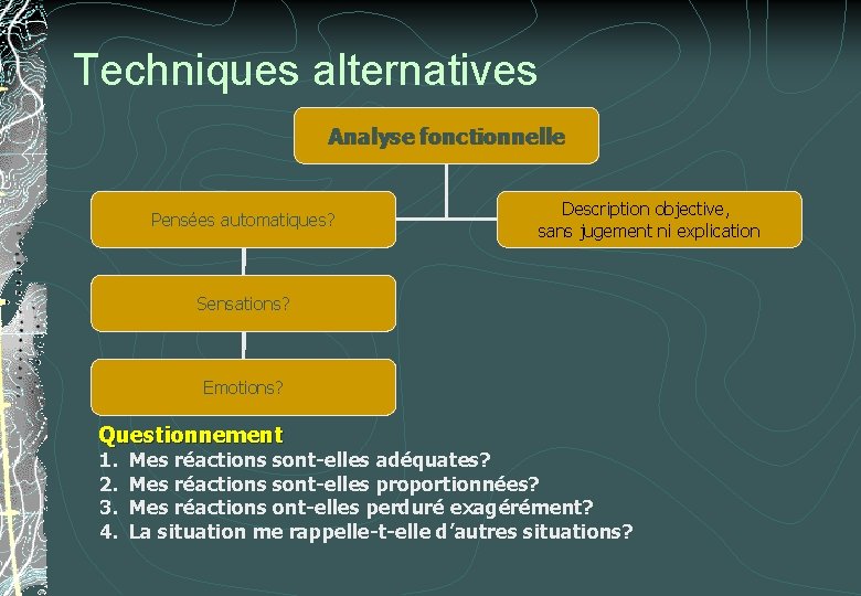 Techniques alternatives Analyse fonctionnelle Pensées automatiques? Description objective, sans jugement ni explication Sensations? Emotions? Techniques alternatives Analyse fonctionnelle Pensées automatiques? Description objective, sans jugement ni explication Sensations? Emotions?