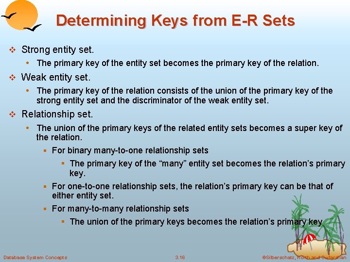 Determining Keys from E-R Sets v Strong entity set. • The primary key of