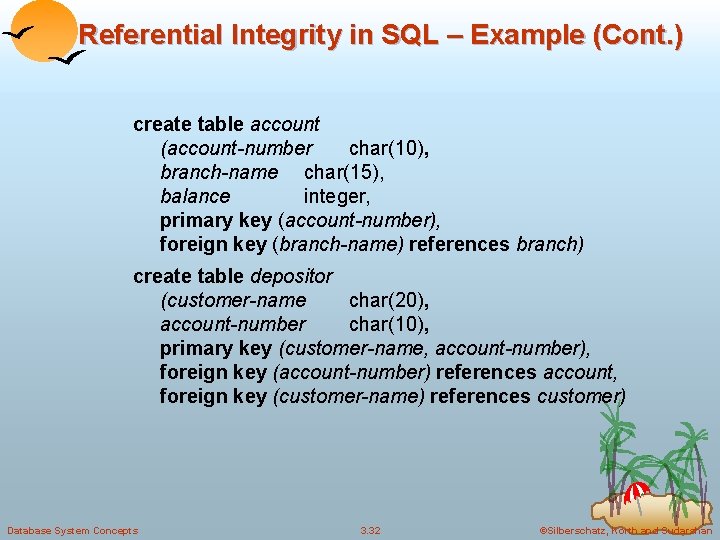 Referential Integrity in SQL – Example (Cont. ) create table account (account-number char(10), branch-name