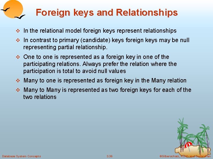 Foreign keys and Relationships v In the relational model foreign keys represent relationships v