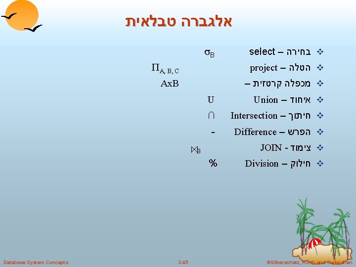  אלגברה טבלאית B select – בחירה v A, B, C project – הטלה