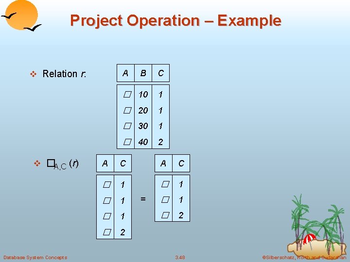 Project Operation – Example A v Relation r: v �A, C (r) Database System