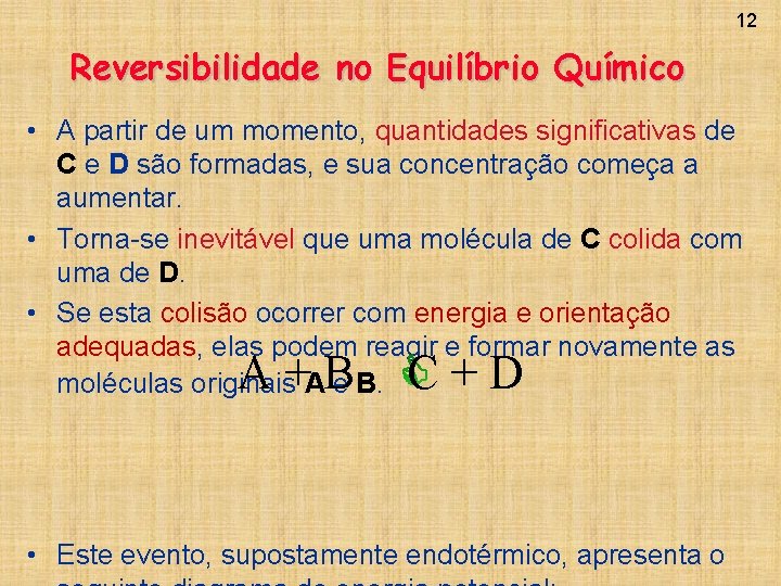 12 Reversibilidade no Equilíbrio Químico • A partir de um momento, quantidades significativas de