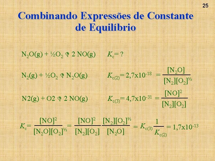 25 Combinando Expressões de Constante de Equilíbrio N 2 O(g) + ½O 2 2