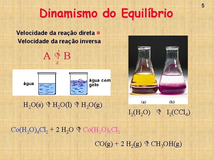 Dinamismo do Equilíbrio Velocidade da reação direta = Velocidade da reação inversa i A