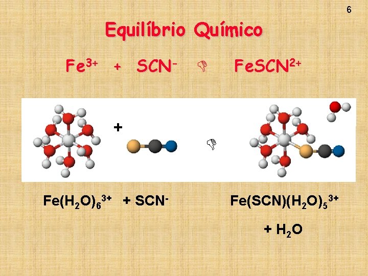 6 Equilíbrio Químico Fe 3+ + SCN- + Fe(H 2 O)63+ + SCN- Fe.