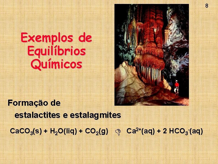 8 Exemplos de Equilíbrios Químicos Formação de estalactites e estalagmites Ca. CO 3(s) +