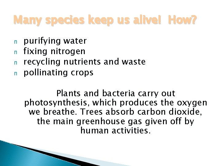 Many species keep us alive! How? n n purifying water fixing nitrogen recycling nutrients