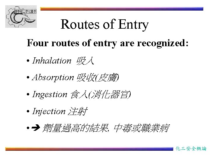 Routes of Entry Four routes of entry are recognized: • Inhalation 吸入 • Absorption