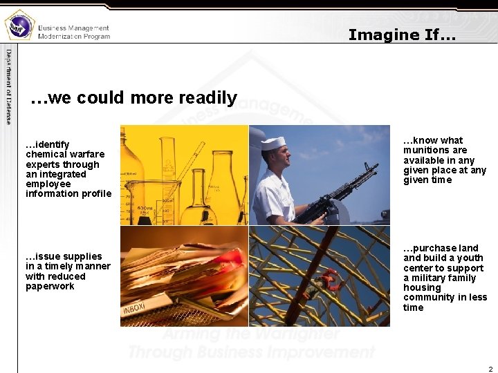 Imagine If… …we could more readily …identify chemical warfare experts through an integrated employee