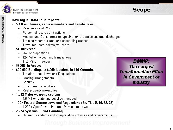 Scope How big is BMMP? It impacts: • • 5. 4 M employees, service