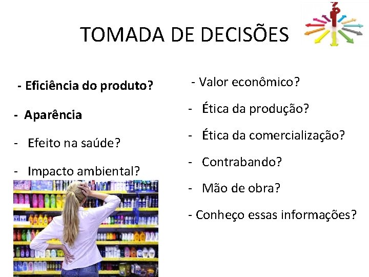 TOMADA DE DECISÕES - Eficiência do produto? - Valor econômico? - Aparência - Ética