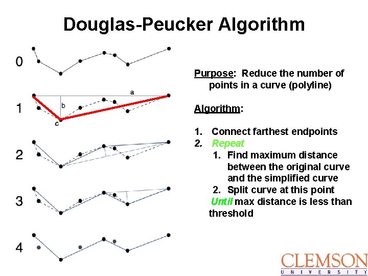 Douglas-Peucker Algorithm Purpose: Reduce the number of points in a curve (polyline) Algorithm: 1.