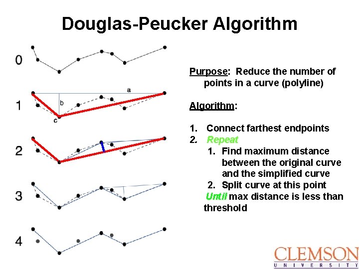 Douglas-Peucker Algorithm Purpose: Reduce the number of points in a curve (polyline) Algorithm: 1.