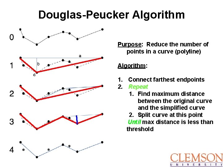 Douglas-Peucker Algorithm Purpose: Reduce the number of points in a curve (polyline) Algorithm: 1.