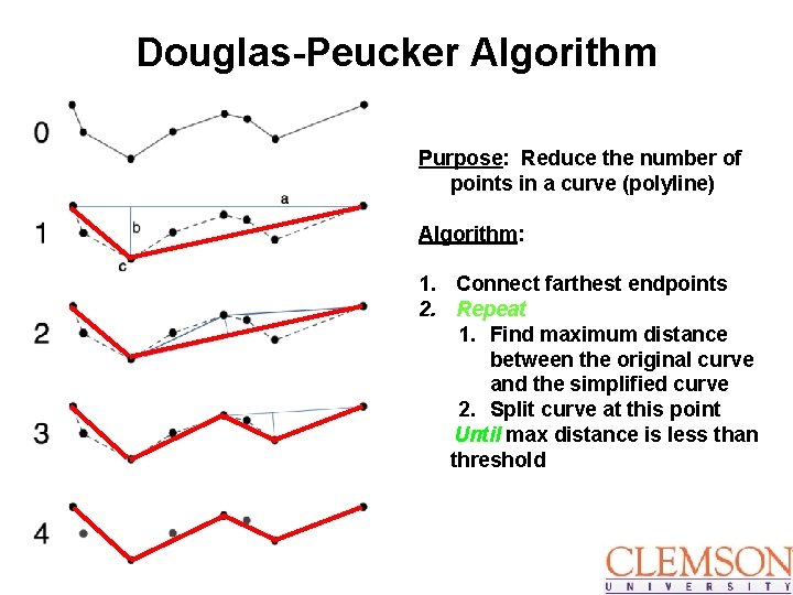 Douglas-Peucker Algorithm Purpose: Reduce the number of points in a curve (polyline) Algorithm: 1.