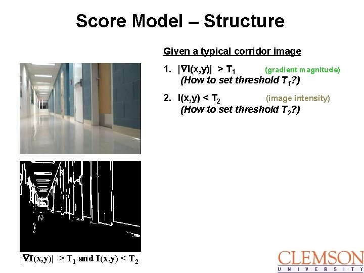 Score Model – Structure Given a typical corridor image 1. | I(x, y)| >