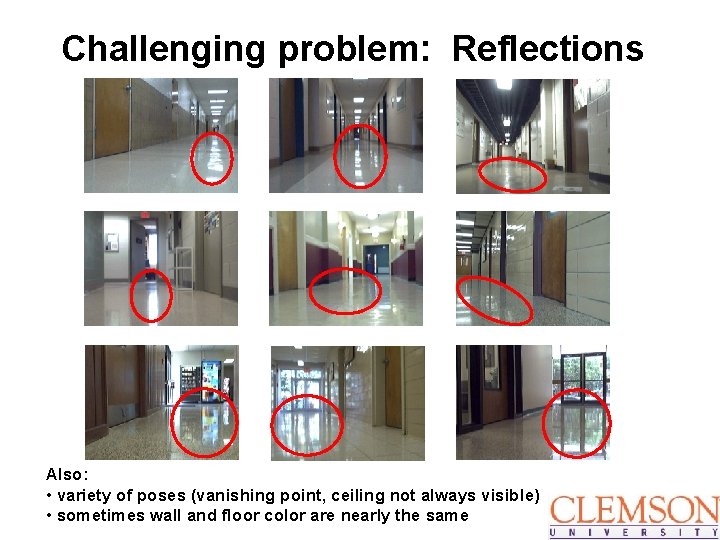 Challenging problem: Reflections Also: • variety of poses (vanishing point, ceiling not always visible)