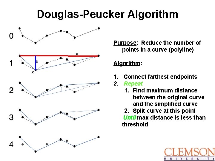 Douglas-Peucker Algorithm Purpose: Reduce the number of points in a curve (polyline) Algorithm: 1.