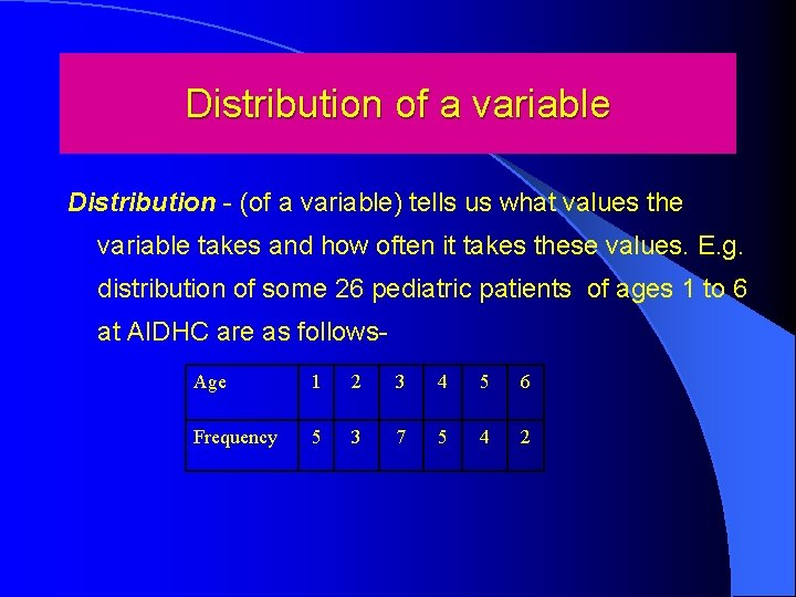 Distribution of a variable Distribution - (of a variable) tells us what values the