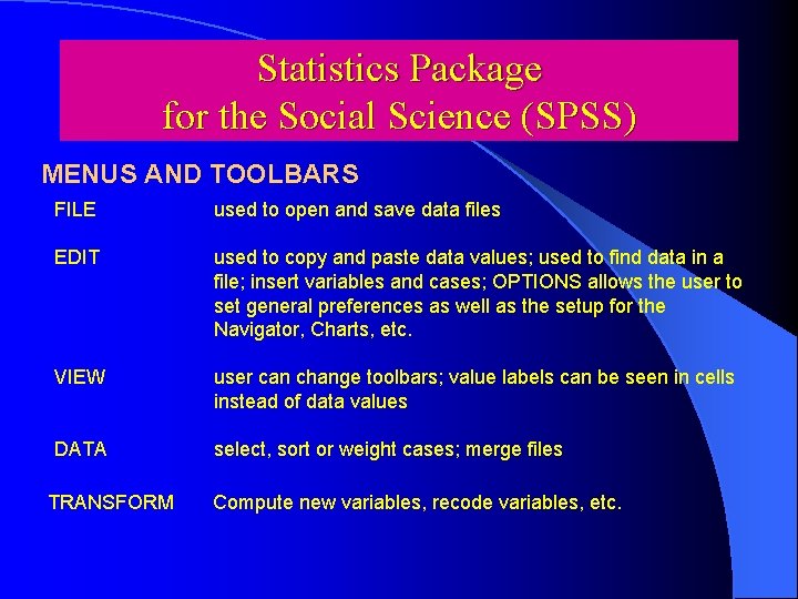 Statistics Package for the Social Science (SPSS) MENUS AND TOOLBARS FILE used to open
