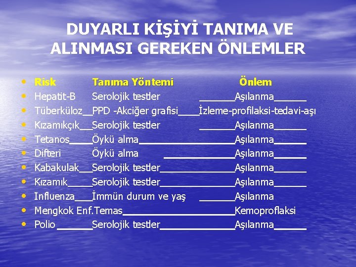 DUYARLI KİŞİYİ TANIMA VE ALINMASI GEREKEN ÖNLEMLER • • • Risk Tanıma Yöntemi Hepatit-B