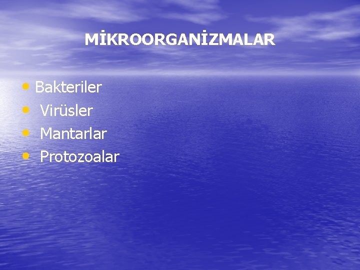 MİKROORGANİZMALAR • Bakteriler • Virüsler • Mantarlar • Protozoalar 