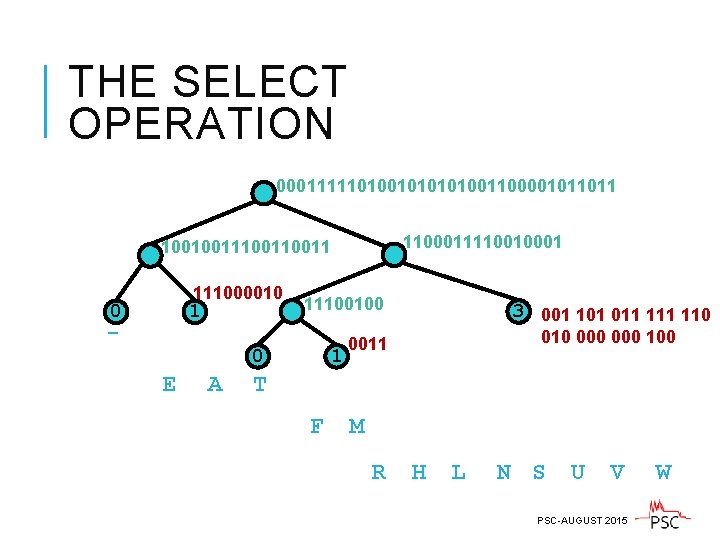 THE SELECT OPERATION 000111110100101001100001011011 1100011110010001 100100110011 111000010 0 1 - 11100100 0 E A