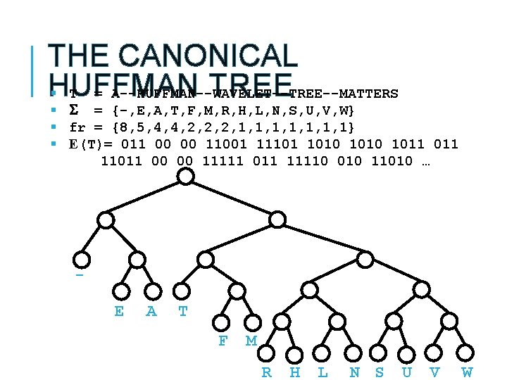 THE CANONICAL HUFFMAN TREE § T = A--HUFFMAN--WAVELET--TREE--MATTERS § = {-, E, A, T,