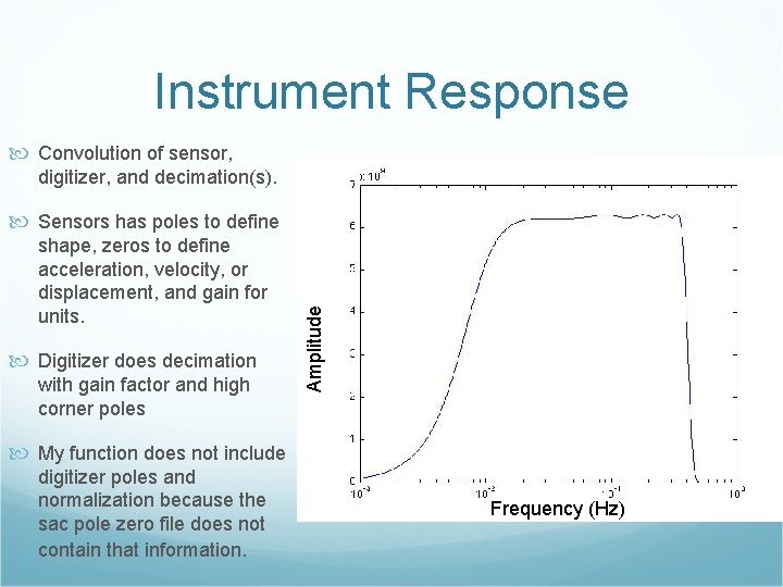 Instrument Response Convolution of sensor, digitizer, and decimation(s). shape, zeros to define acceleration, velocity,