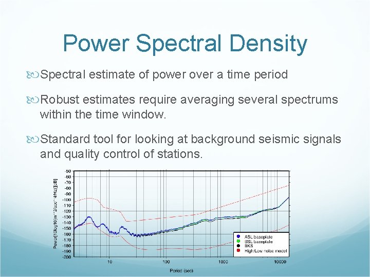 Power Spectral Density Spectral estimate of power over a time period Robust estimates require